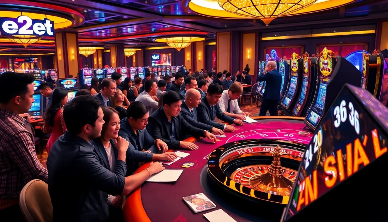 Exciting e2bet gaming table scene showcasing poker and slot machines in a vibrant environment.