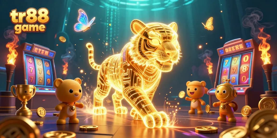 Experience the thrill of the tr88 game with dynamic 3D casino elements, including slot reels and golden trophies.
