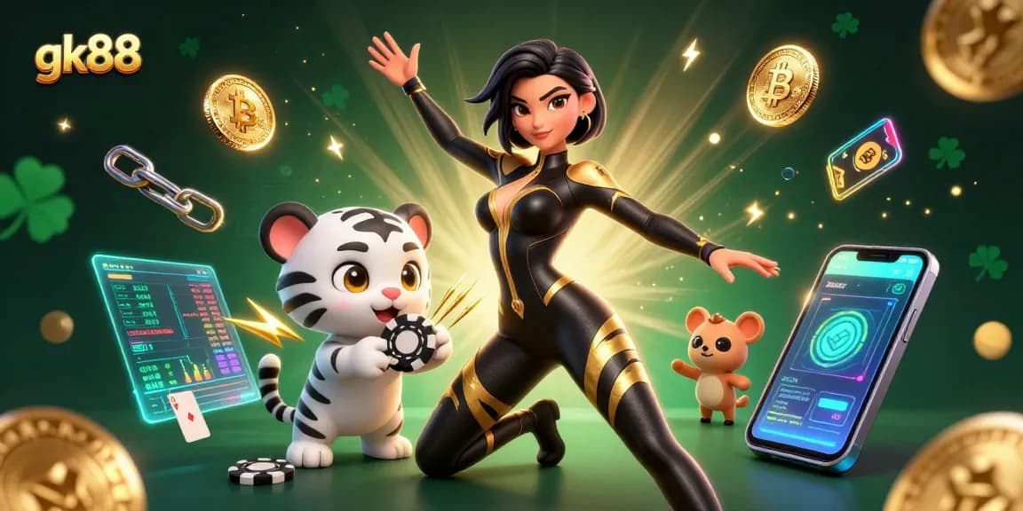 Engage in gk88 gambling with a captivating scene of a woman in a catsuit and a playful baby tiger.