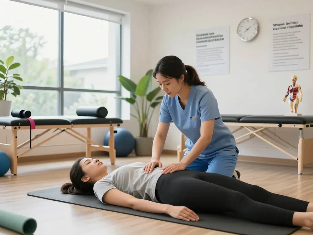 Therapist at https://pelvi-care.de/ demonstrating pelvic floor exercises in a modern clinic with natural light.