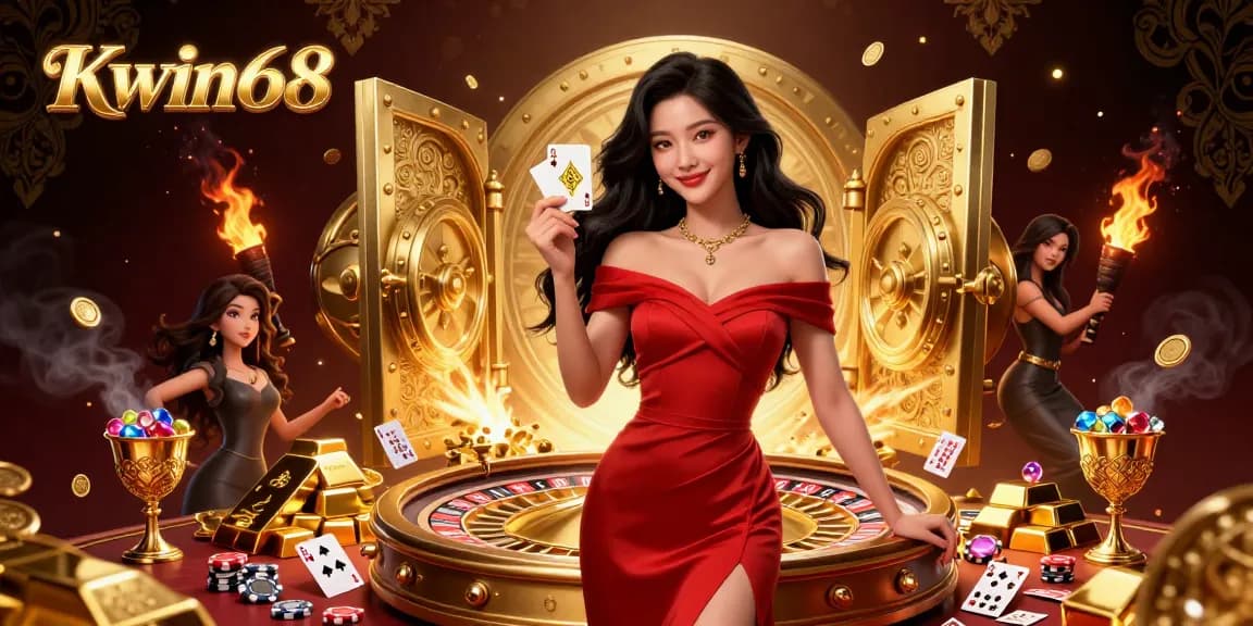 Kwin68 offers a glamorous casino experience with a stunning Asian woman, golden roulette, and shimmering treasures.