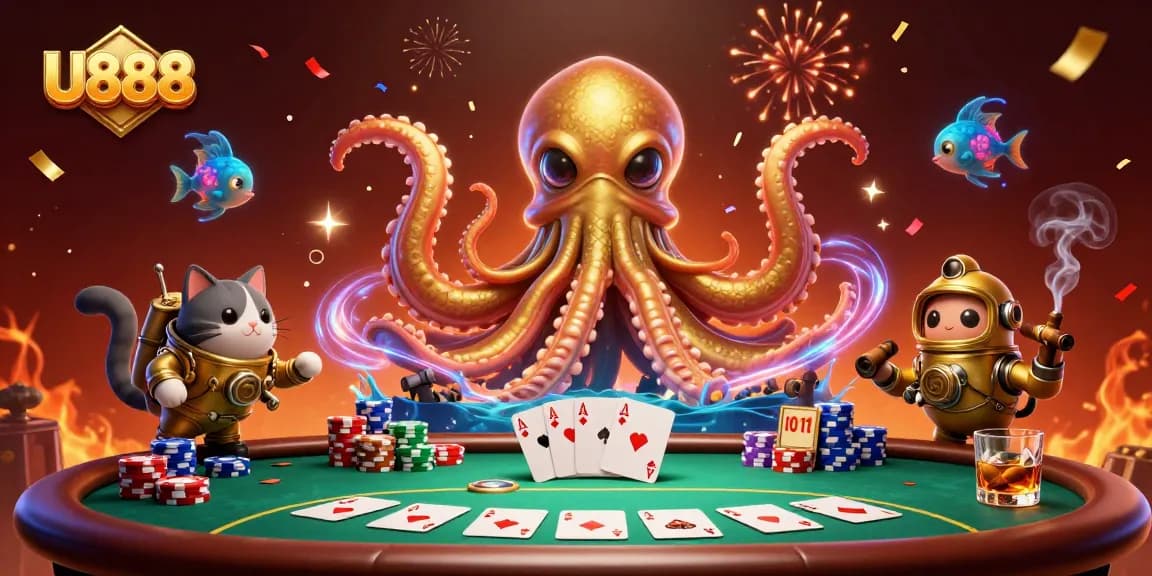 Win big with U888 at a vibrant casino scene featuring a kraken and diving cat.