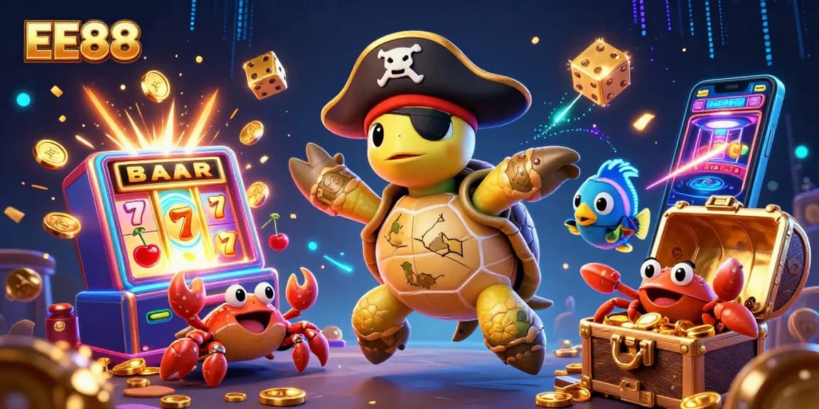 Experience exciting EE88 online casino games with a 3D pirate turtle and treasures.