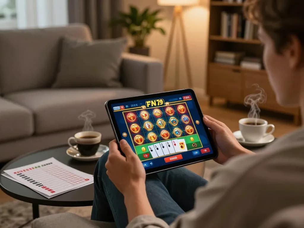 Enjoying fun79 online casino on a tablet, showcasing engaging gameplay and cozy atmosphere.