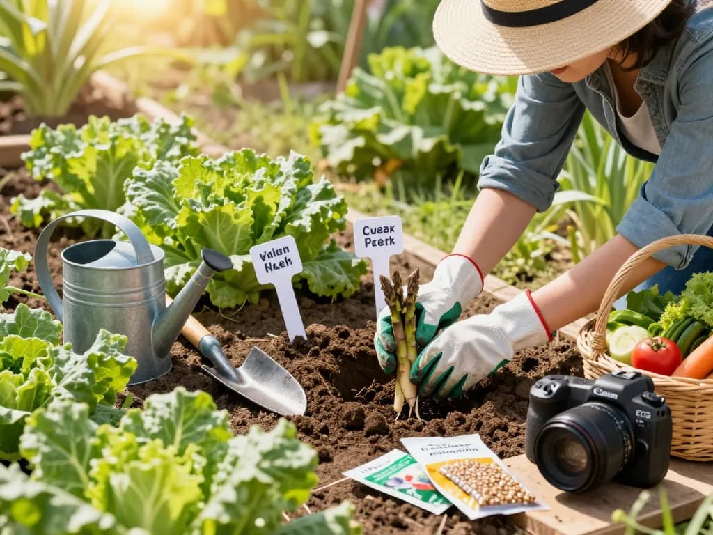 Gardener planting spargelwurzel kaufen in vibrant garden, showcasing asparagus and vegetable growth.