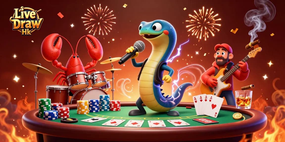 Experience Live Draw Hk with vibrant electric eel DJ amidst casino elements, cheerful atmosphere.