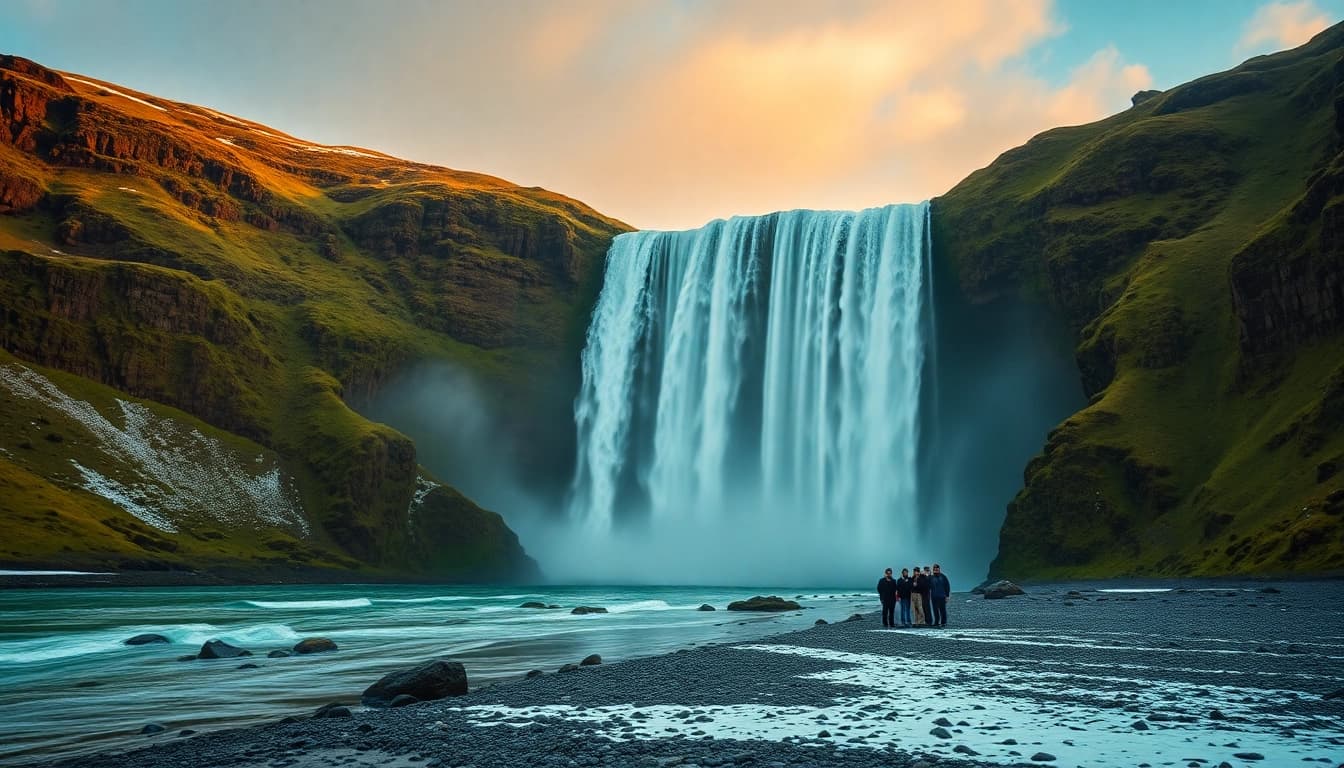 Beeindruckende Landschaft während einer Reise nach Island, mit einem Wasserfall und schneebedeckten Bergen im Hintergrund.
