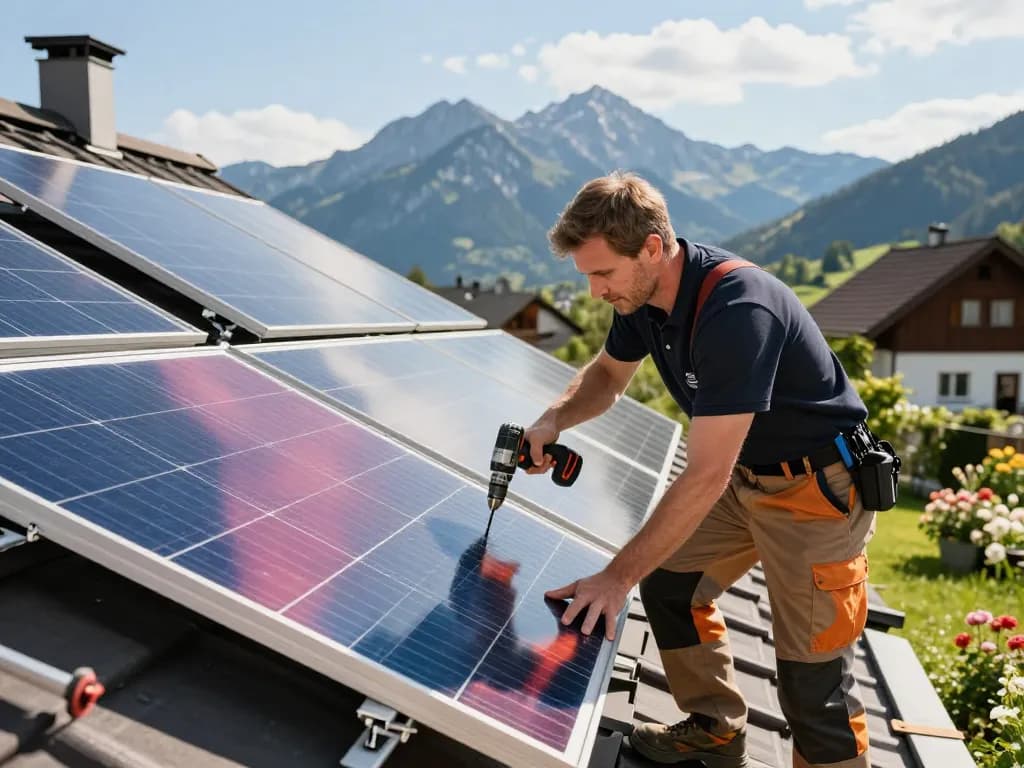Techniker installiert Solarplatten und zeigt Photovoltaik Bayern auf einem bayerischen Dach.