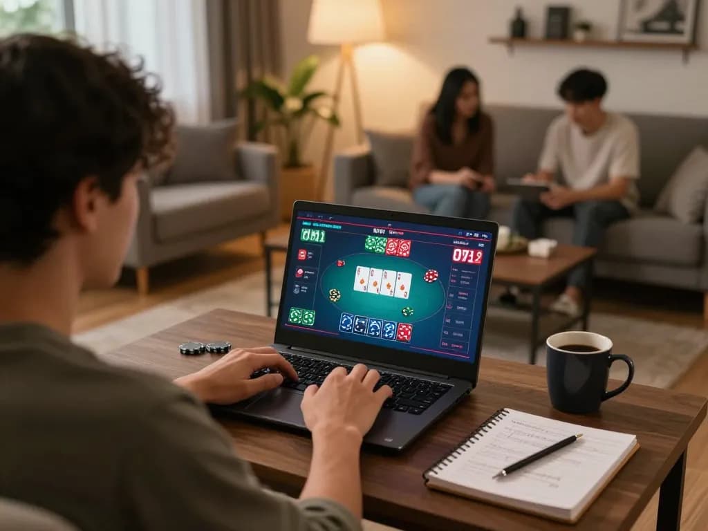 Person gaming on 123win com with laptop at home, showcasing online casino interface and comfortable surroundings