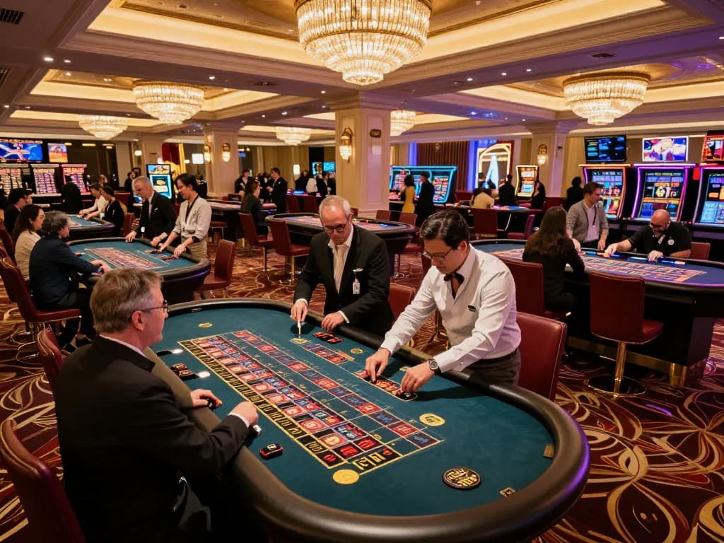 Experience the thrilling atmosphere at nhà cái uy tín OK8386 casino, with players engaged in exciting games under glamorous lighting.