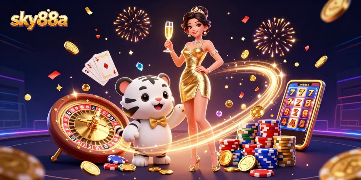 Engage in thrilling gameplay at sky88a with high-energy casino scenes featuring vibrant characters and iconic elements.