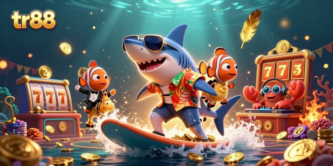 tr88 showcases a vibrant 3D casino scene with animated characters surfing on gold coins.