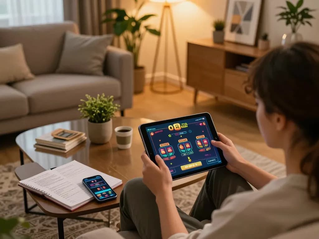 Engaging gameplay on o8 com from a cozy home, showcasing strategic betting on tablet with notes visible.
