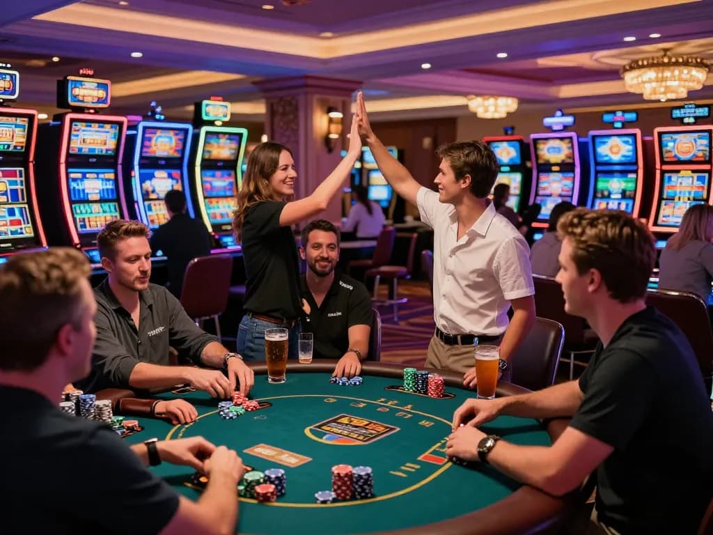 KJC players celebrating a win at a vibrant casino, highlighting gaming excitement.