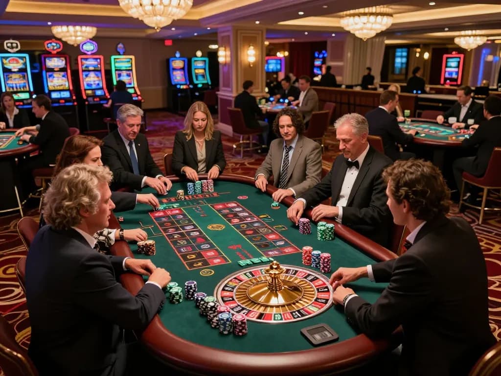 S666no1 gamblers placing bets at an exciting roulette table in a lively casino atmosphere