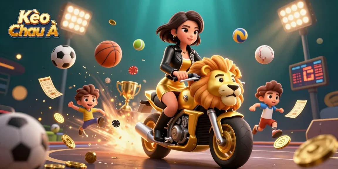 Kèo Châu Á sports betting illustration featuring a glamorous Asian woman riding a golden lion with dynamic elements.