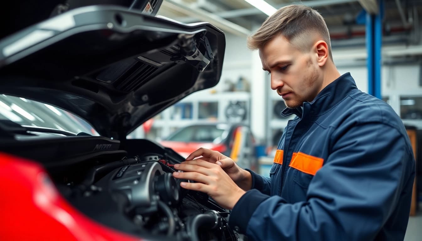 Motorschaden Ankauf: Mechanic evaluating a damaged car engine in a professional workshop.