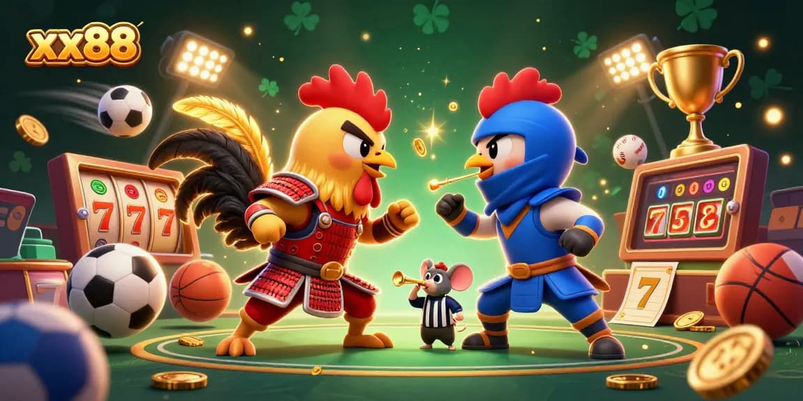 Engage with the thrilling action at xx88 as cartoon roosters duel amidst dynamic gambling elements.