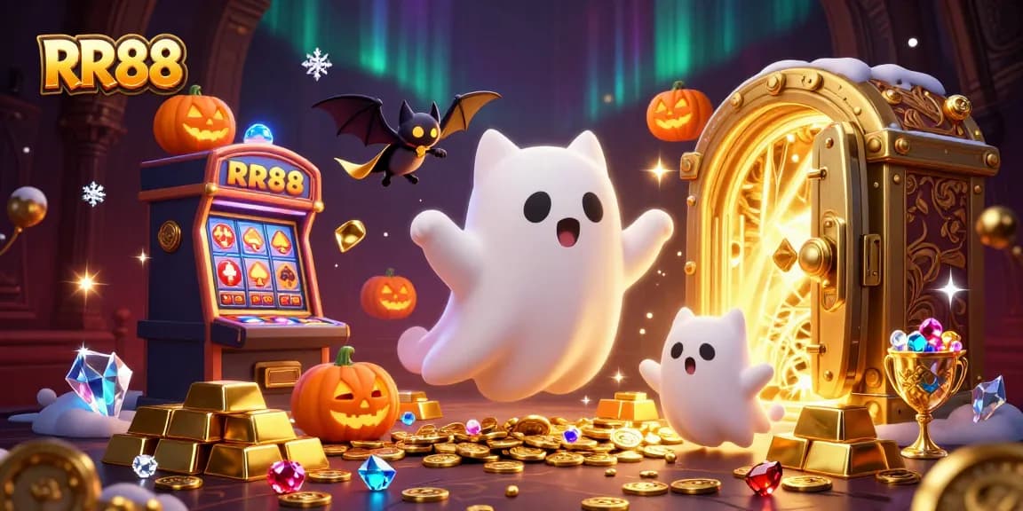 Experience thrilling gaming at RR88, featuring a ghost cat and vampire bat in a vibrant casino scene.