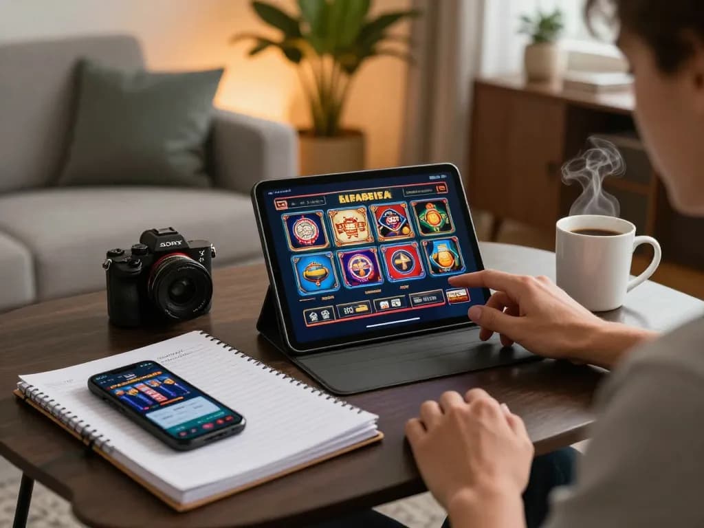 Engaging online gaming at https://vmax88vip.com/, featuring a person exploring slot options on a tablet, with winning strategy notes visible.