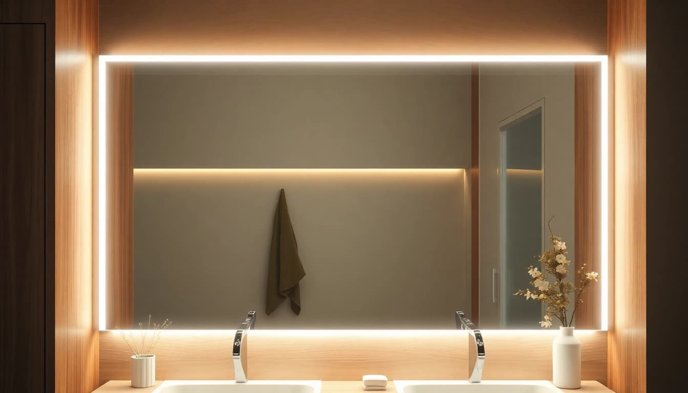 Modernes Badezimmer mit spiegelschrank led, der warmes Licht ausstrahlt und elegantes Design zeigt.