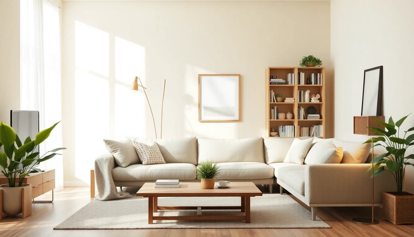 Optimale Raumgestaltung in einem hellen, modernen Wohnzimmer mit grünen Pflanzen.