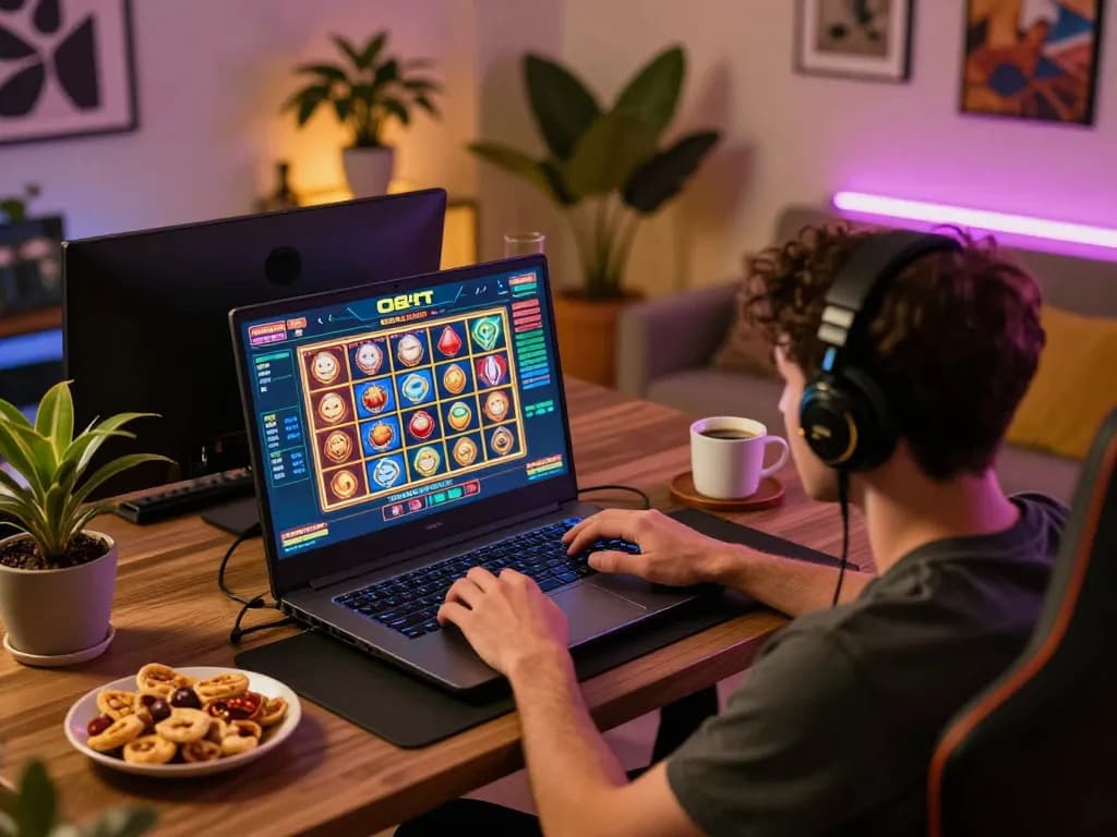 Gamer enjoying O8 net3 online slots on a vibrant home setup, showcasing a strategic gaming atmosphere.