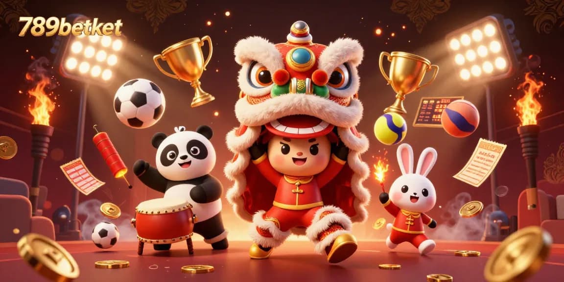 Experience the excitement at 789betket with a vibrant lion dance and sports elements in this dynamic 3D illustration.