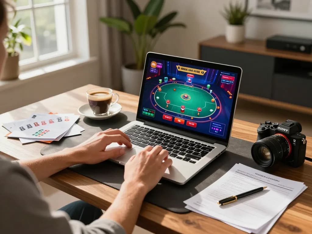 Engaging with online poker at https://mb668.co/ from a stylish home setup, showcasing strategic gameplay.