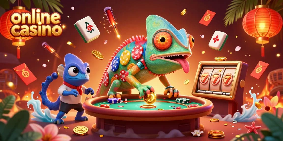 Experience the excitement of an online casino with a colorful chameleon casino owner amidst vibrant gaming elements.