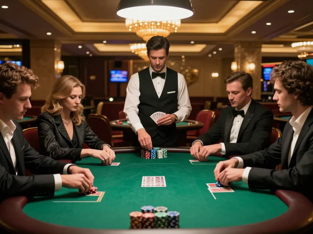 Players enjoying high-stakes poker at SC88 casino with vibrant chips and warm ambiance.