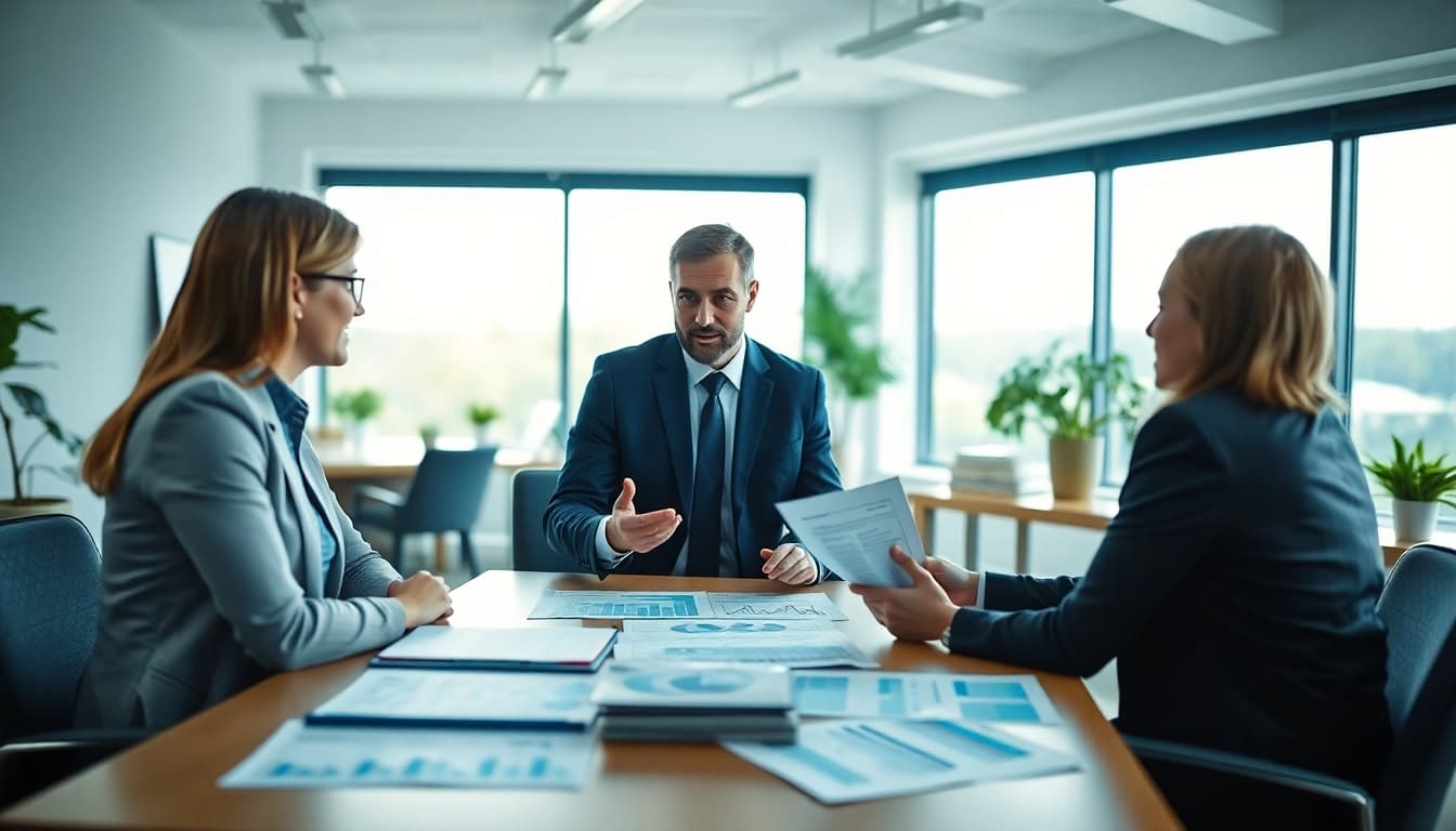Kreditvergleich: Finanzberater erklärt Kredite in hellem Besprechungsraum.