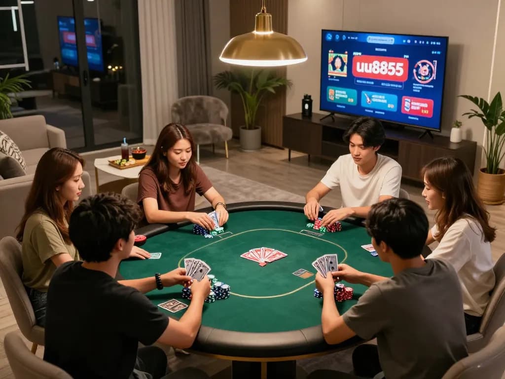 Friends enjoying a poker game while accessing the uu8855 casino app, showcasing a social gaming atmosphere.
