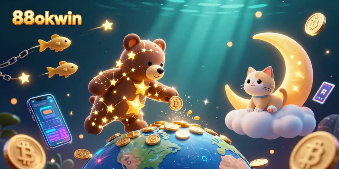 Experience the thrill of 88okwin with this vivid, 3D casino adventure illustration, showcasing digital coins and characters.