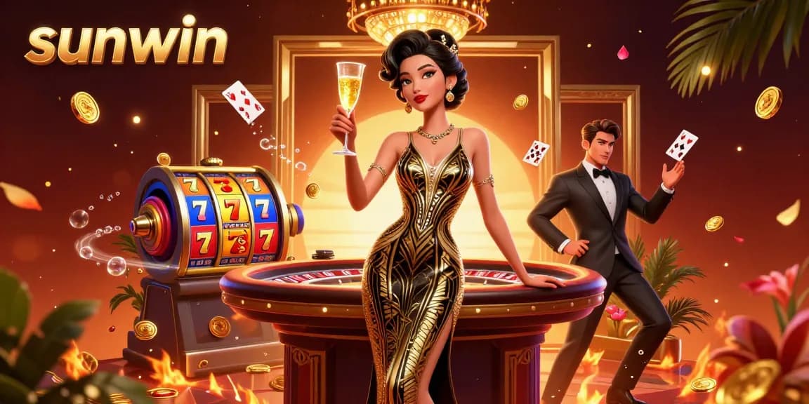 Engage with sunwin’s vibrant slot games featuring a glamorous scene of roulette and gold coins.