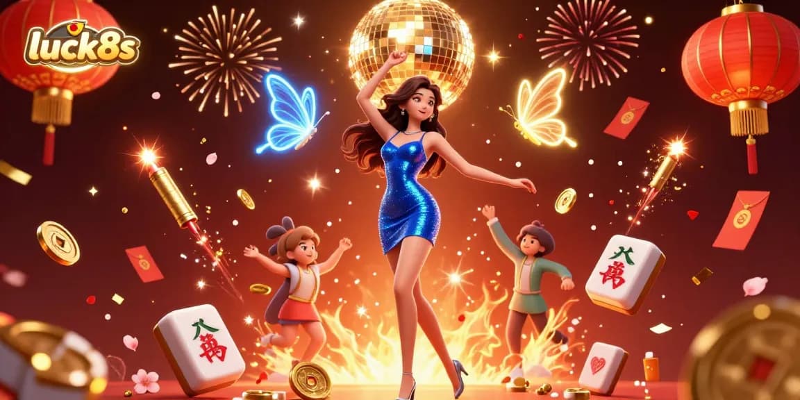 Experience winning at luck8s with vibrant casino-themed party featuring a dazzling woman and festive decorations.