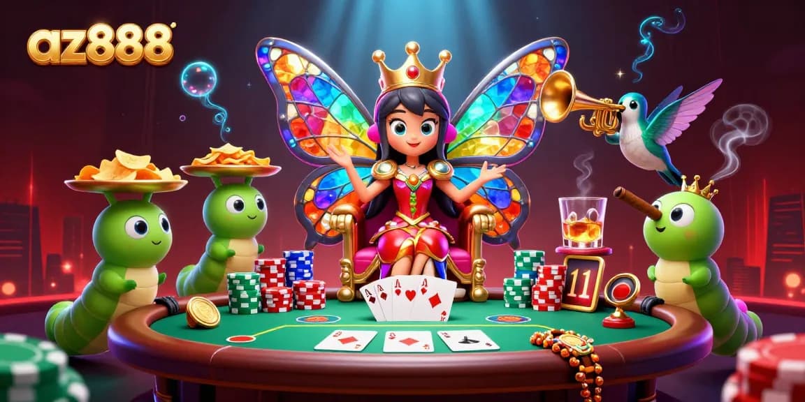 Experience exciting poker action with az888 in a vibrant illustration featuring a butterfly queen and poker elements.