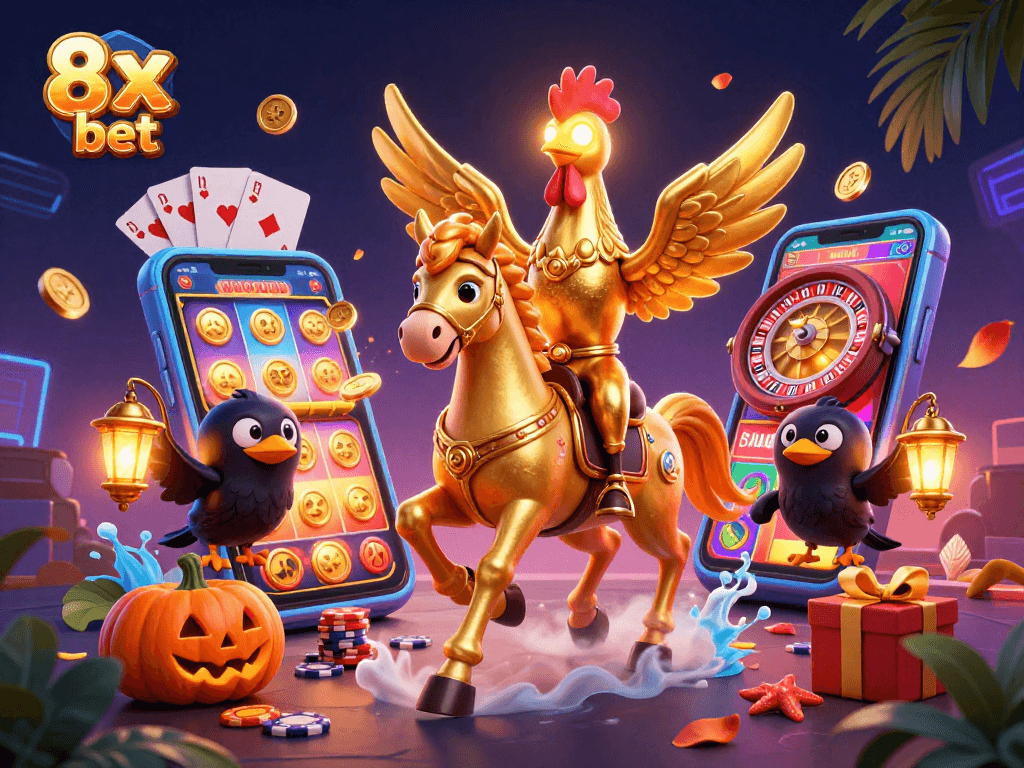 Game on 8x bet with a golden rooster riding through a casino, surrounded by vibrant gaming elements.