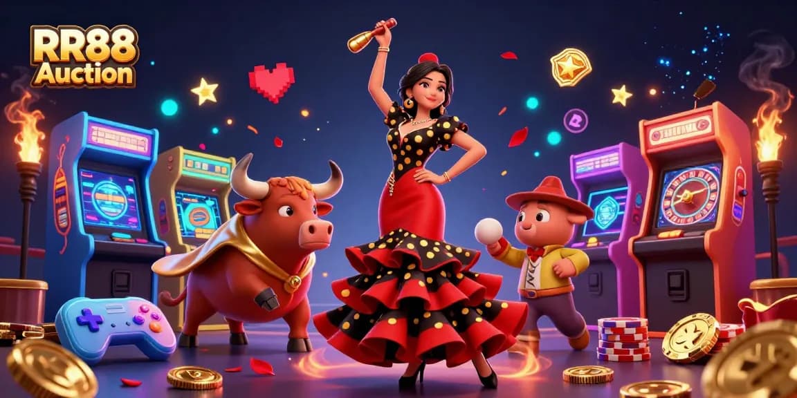 Engage in thrilling gambling at RR88 Auction with vibrant slots, roulette, and lively characters.