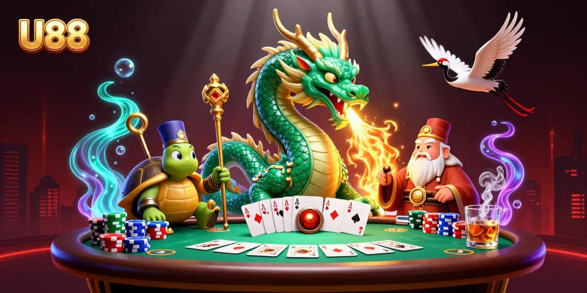 Engage with U88's thrilling poker scene featuring jade dragon and lucky cranes.