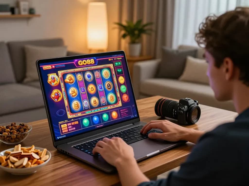 Player enjoying GO88 on laptop, engaged in colorful online slot games at home.