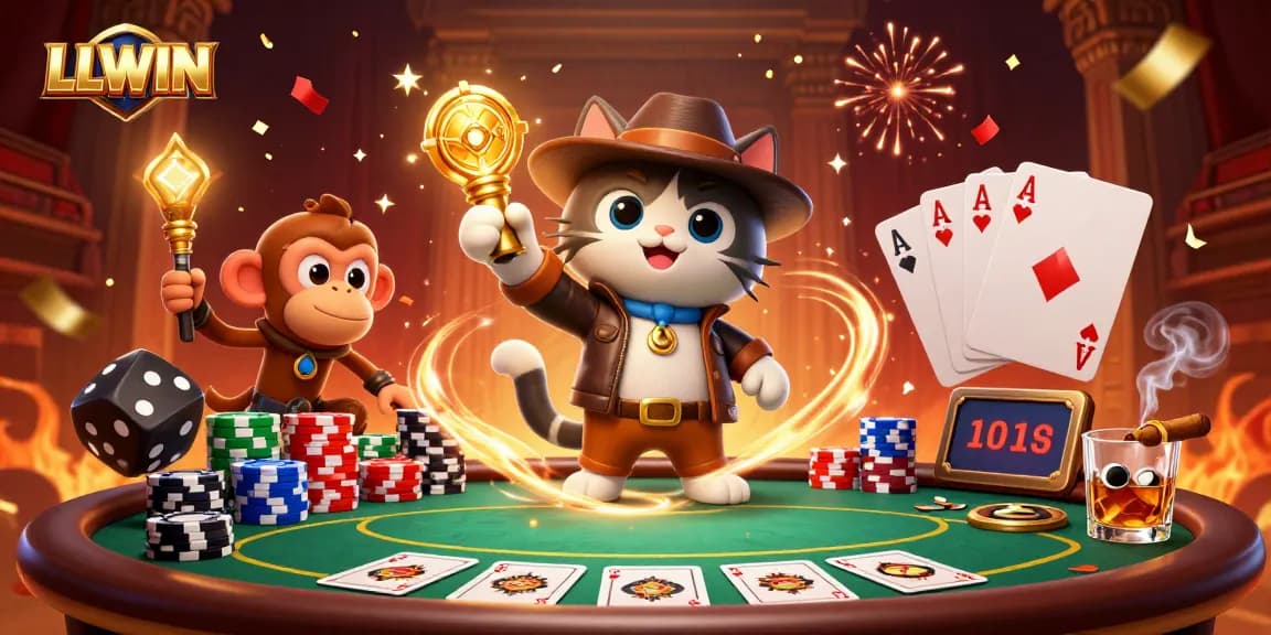 Engage with LLWIN's dynamic casino adventure, featuring a cat archaeologist and vibrant poker elements.