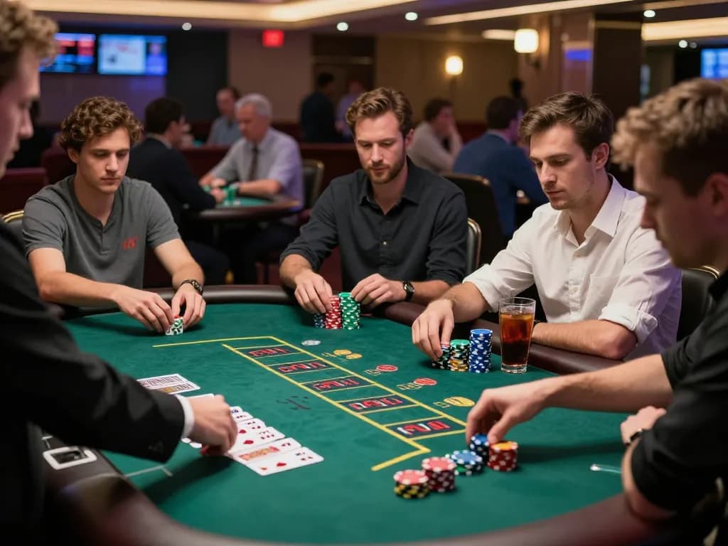 Players engaged in strategic play at casino 33win's blackjack table, showcasing vibrant gameplay action and lively atmosphere.