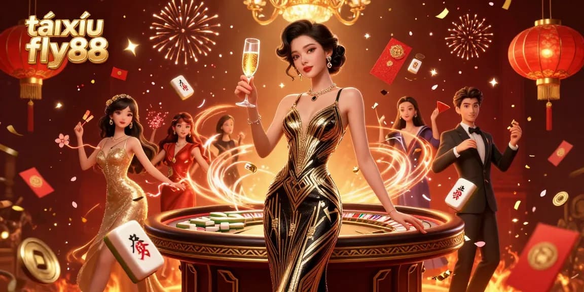 Experience tài xỉu fly88 with a glamorous setting featuring floating mahjong tiles and celebratory elements, creating an engaging online casino atmosphere.