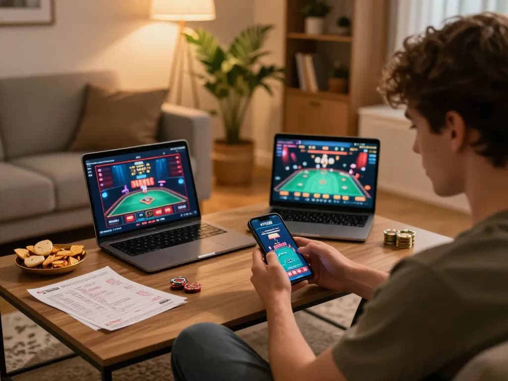 Player enjoying the F168 casino app on a smartphone, surrounded by betting notes and warm lighting