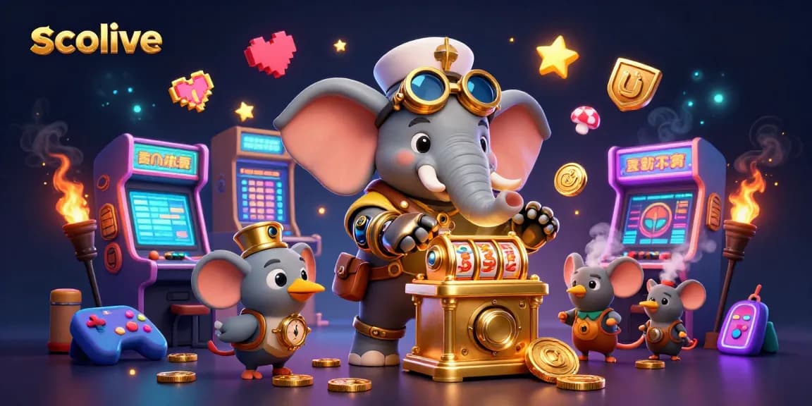 Socolive displays a lively 3D casino scene with an elephant engineer operating a golden slot machine.