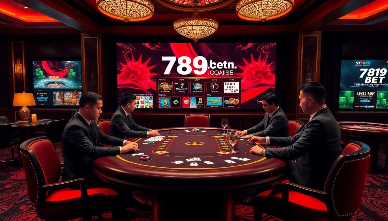 Engage with the thrilling atmosphere of 789bet.com through a high-stakes poker scene, showcasing vibrant gambling elements.