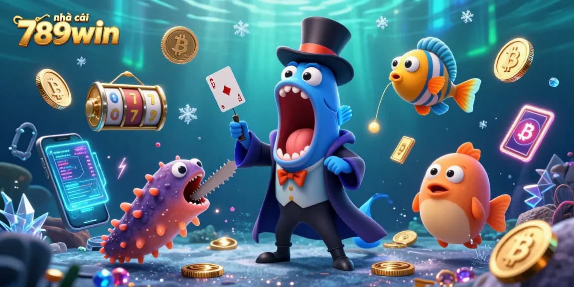 Engage in action at nhà cái 789win with a vibrant underwater casino scene featuring vivid characters and game elements.