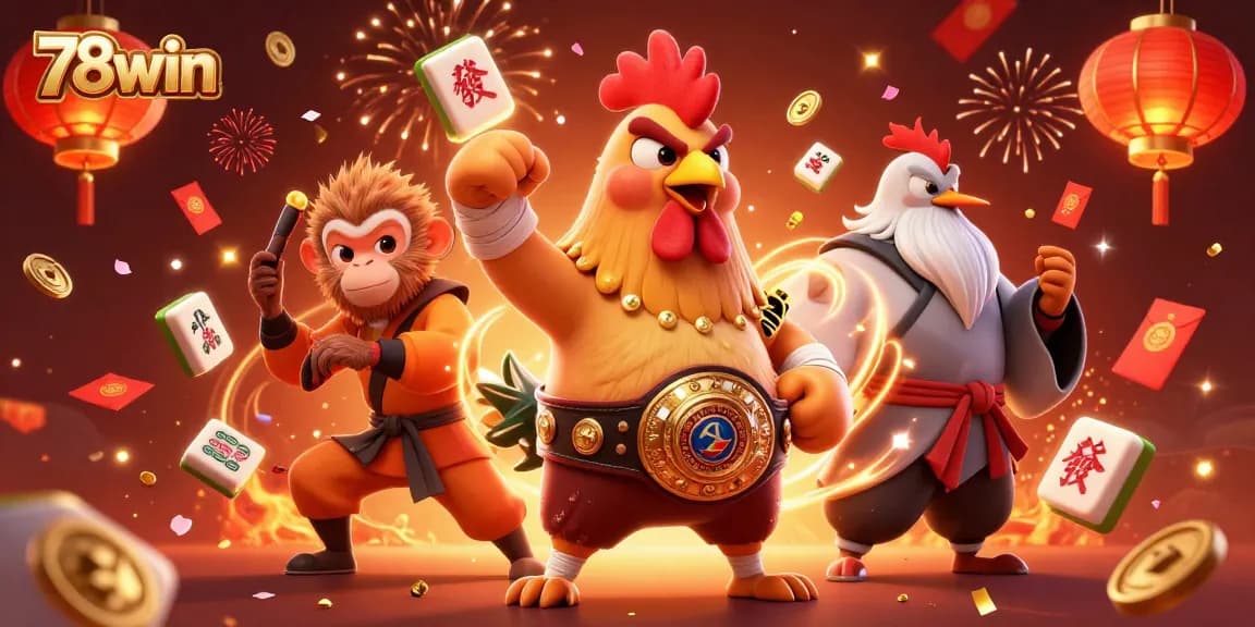 Engage in thrilling gambling adventures with 78win's vibrant casino illustration featuring action-packed characters.