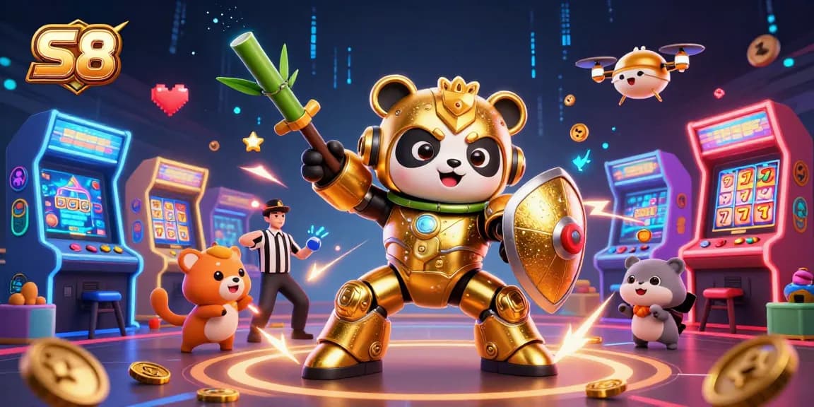 Engage with S8's thrilling casino gaming experience through a vibrant 3D illustration depicting action-packed gambling scenes.